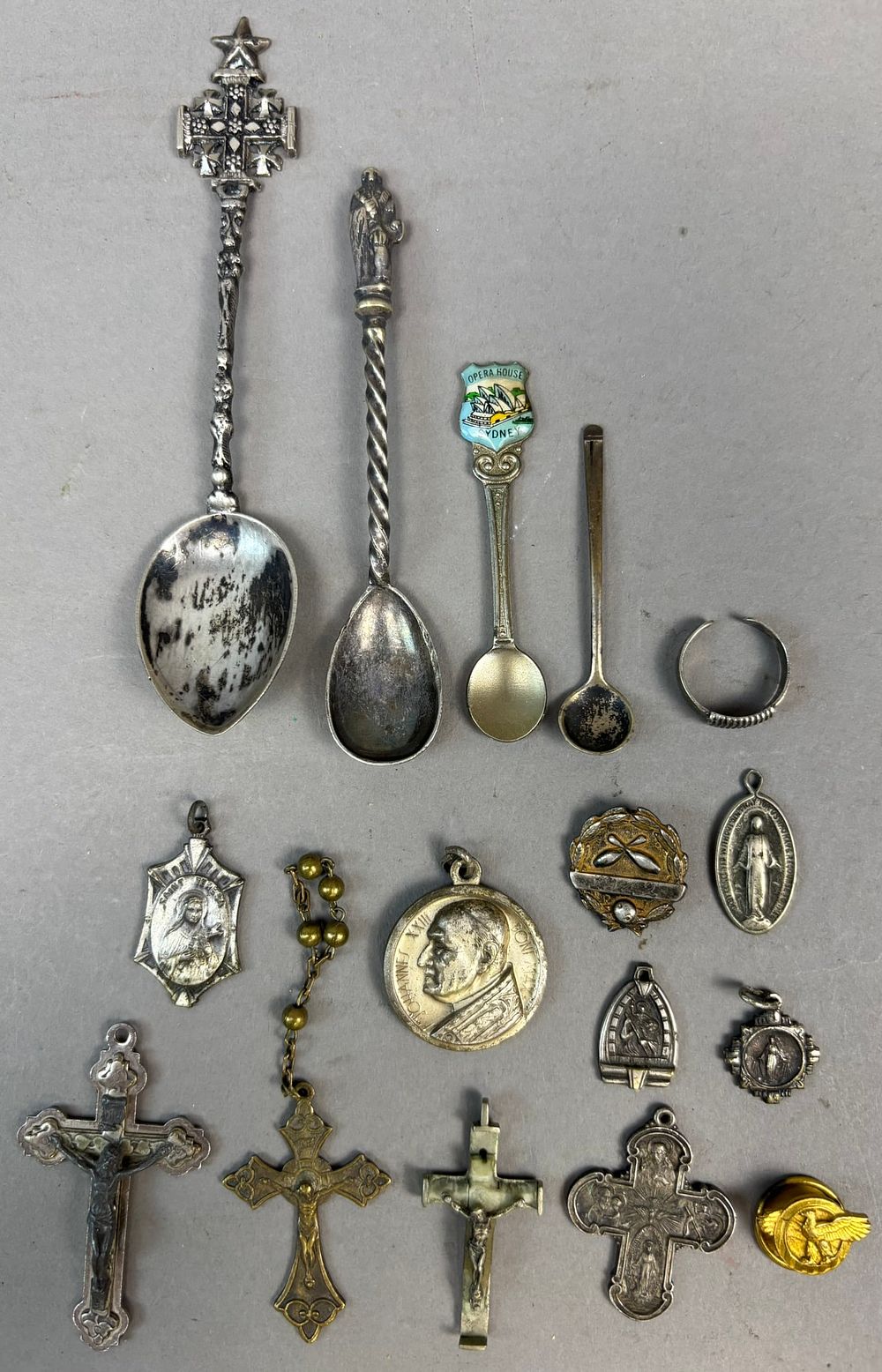Lot 336A: Lot 16 Sterling Spoons & Rosary Crosses Religious Medallions