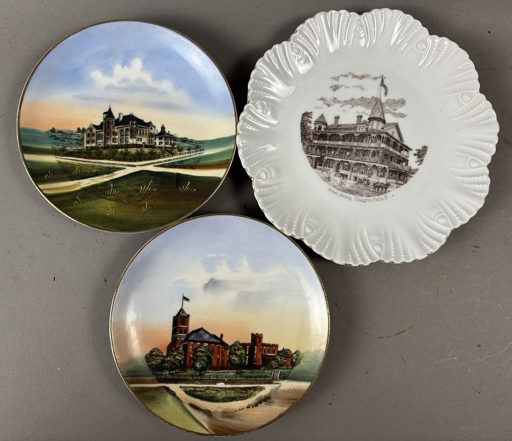 Lot 345: Antique Lot 3 Early 1900s Souvenir Plates Chagrin Falls Ohio Hotel  Irving