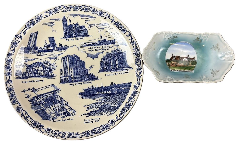 Lot 346: Pair Early Souvenir Plates & Candy Dish Bay City Michigan & Hotel Del Coronado California