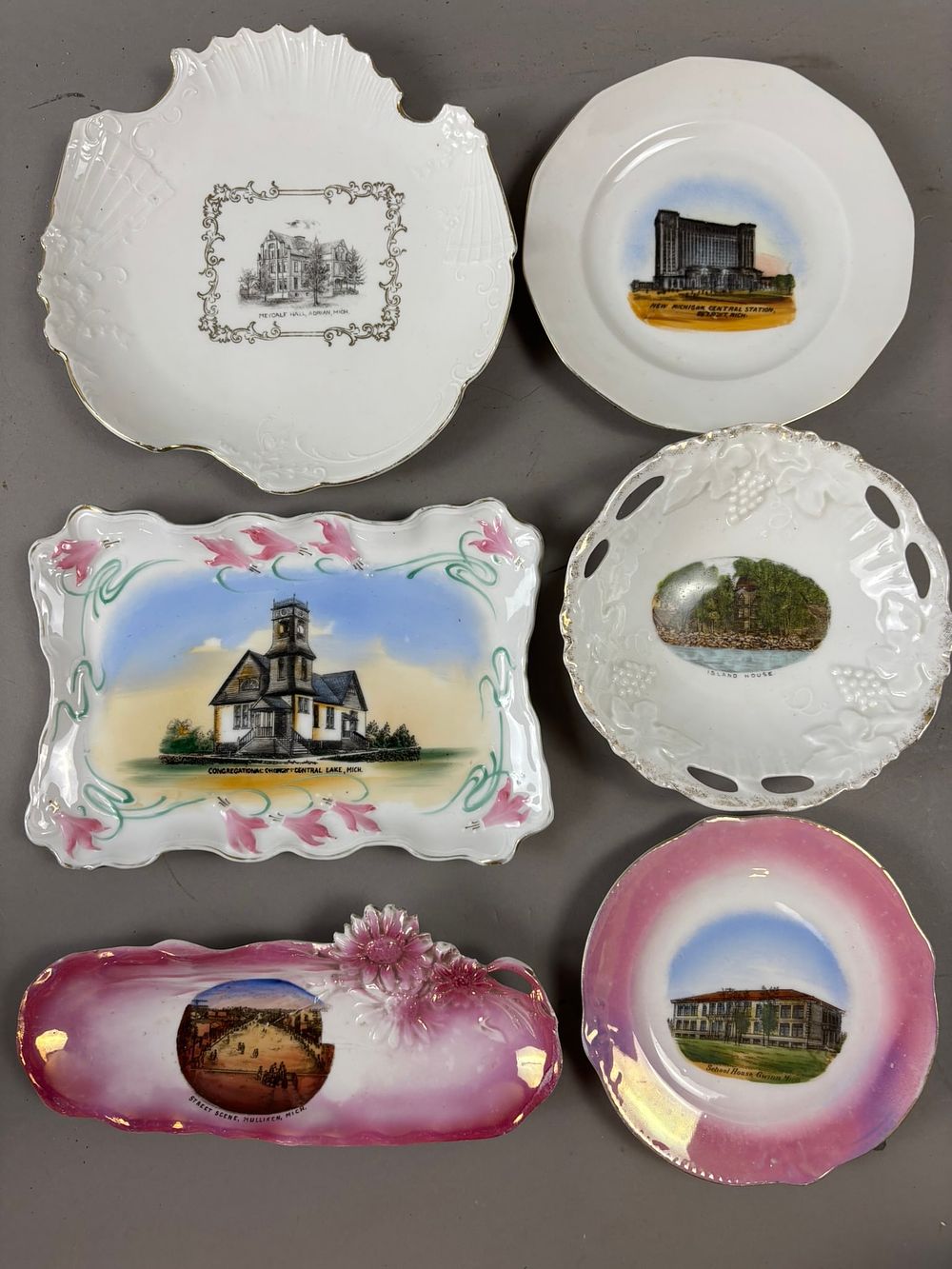 Lot 347: 6 Antique 1800s Michigan Souvenir Plates Mulliken Detroit MCRR Gwinn Adrian Central Lake