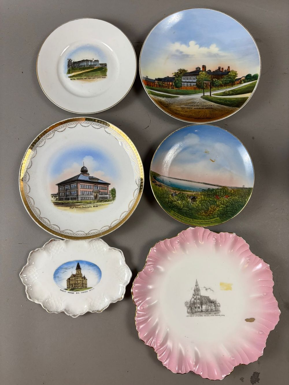 Lot 348: 6 Antique 1800s Michigan Souvenir Plates Bay City Ann Arbor Beulah Cheboygan Big Eaton Rapids