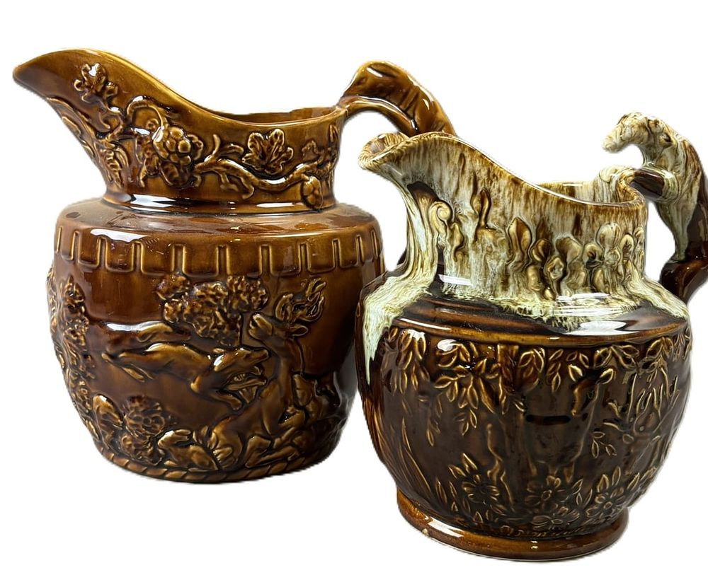 Lot 368: Pair Stoneware England & USA Pitchers Wood Hound Handle & Harker Rockingham