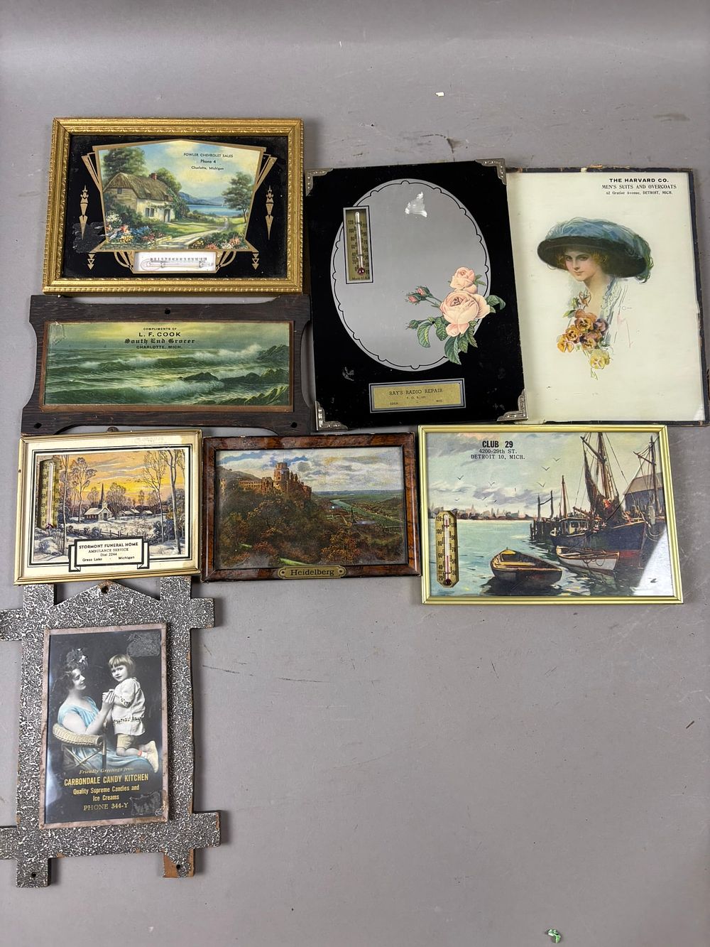 Lot 391: Lot 4 Antique Early 1900s Detroit Grass Lake Charlotte Michigan Advertising Thermometers