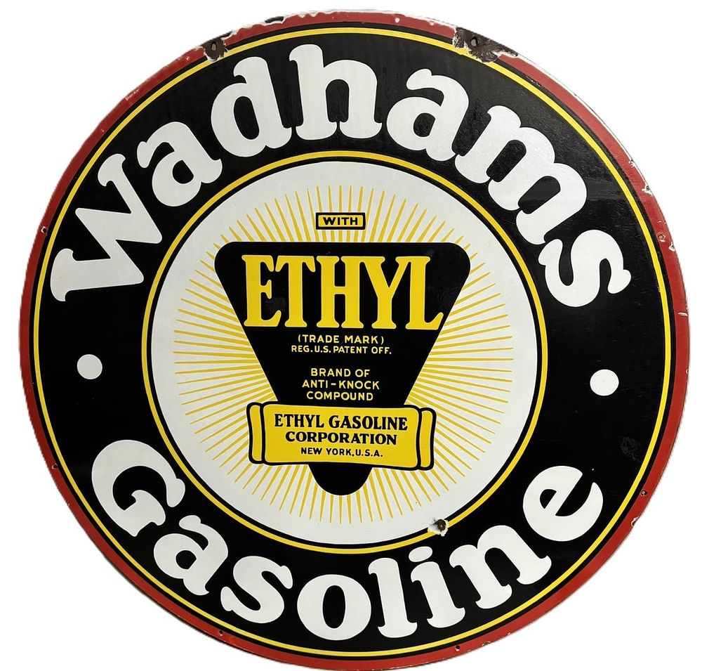 Lot 251: Wadhams Gasoline Ethyl 1920s DSP Porcelain 42" Sign