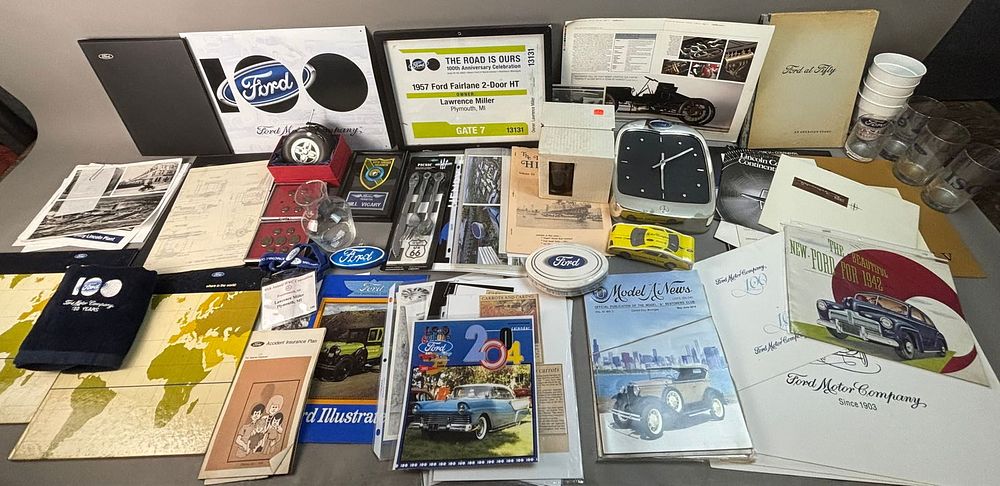 Lot 413: Massive Ford Motor Co Collectible Lot 30 Items Books Brochures Glasses & More