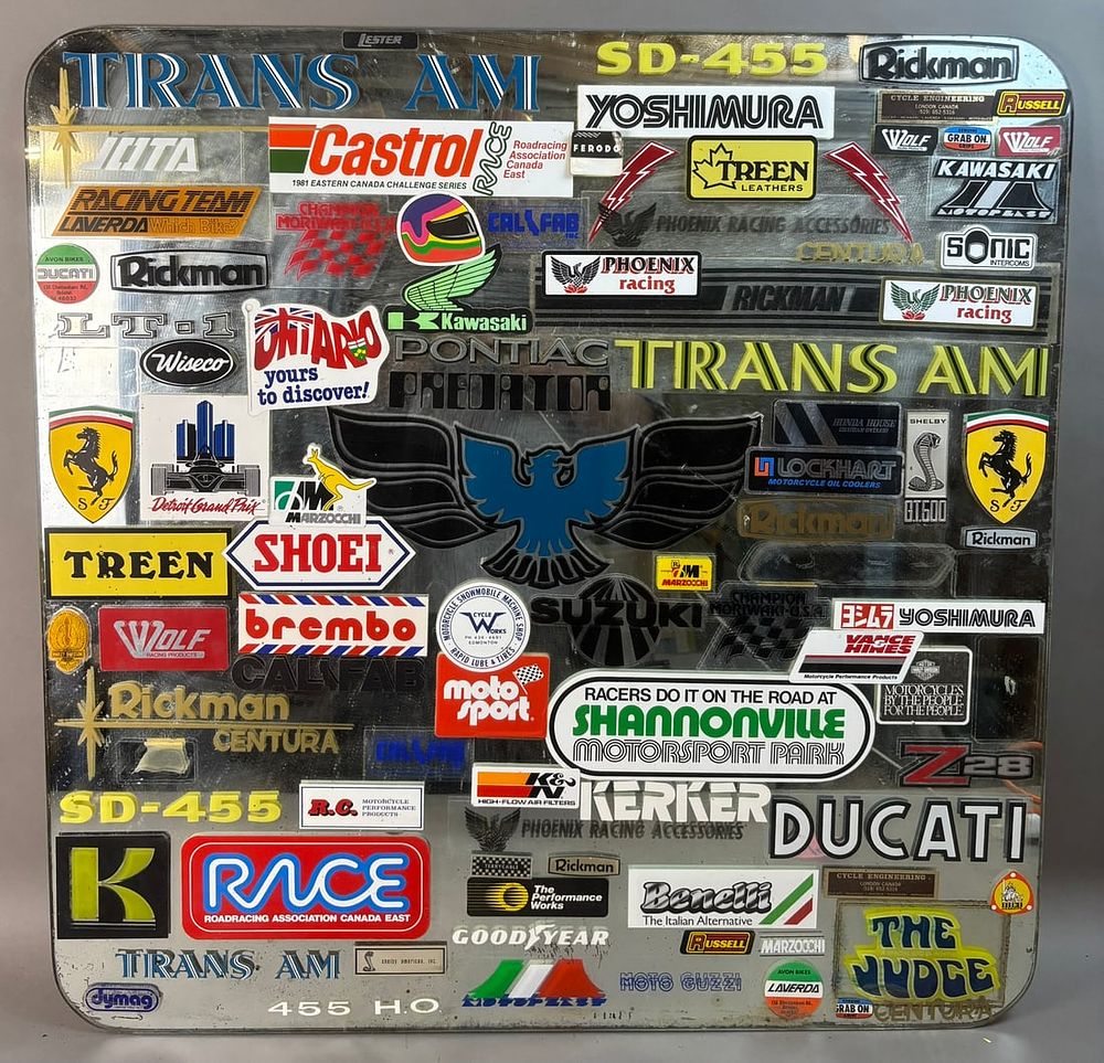 Lot 414: Vtg 60s 70s Automotive Shop Bathroom Mirror w/ 70+ Stickers Ferrari Trans Am The Judge