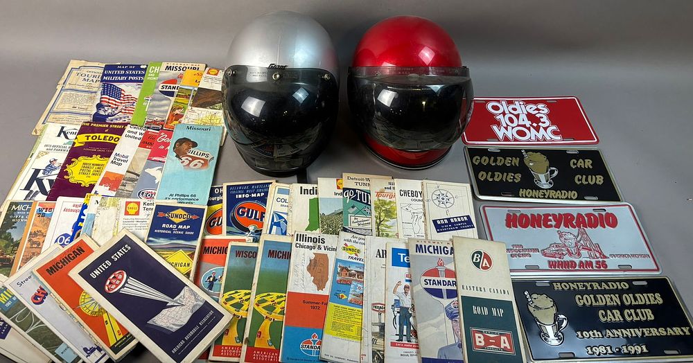 Lot 416: Lot 50 Gas Station Advertising Maps, Motorcycle Helmets & Vanity Plates