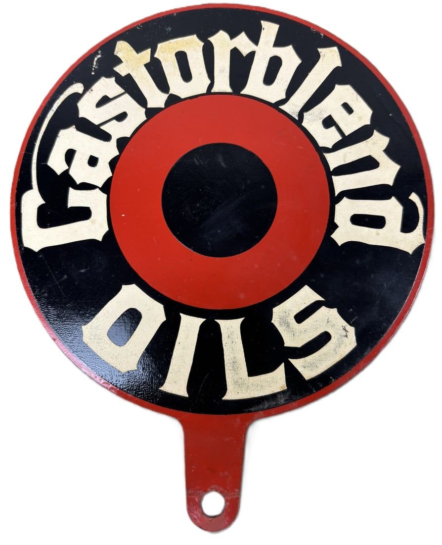 Lot 105B: Castorblend Oils Double Sided Painted Metal Lubester Paddle Sign