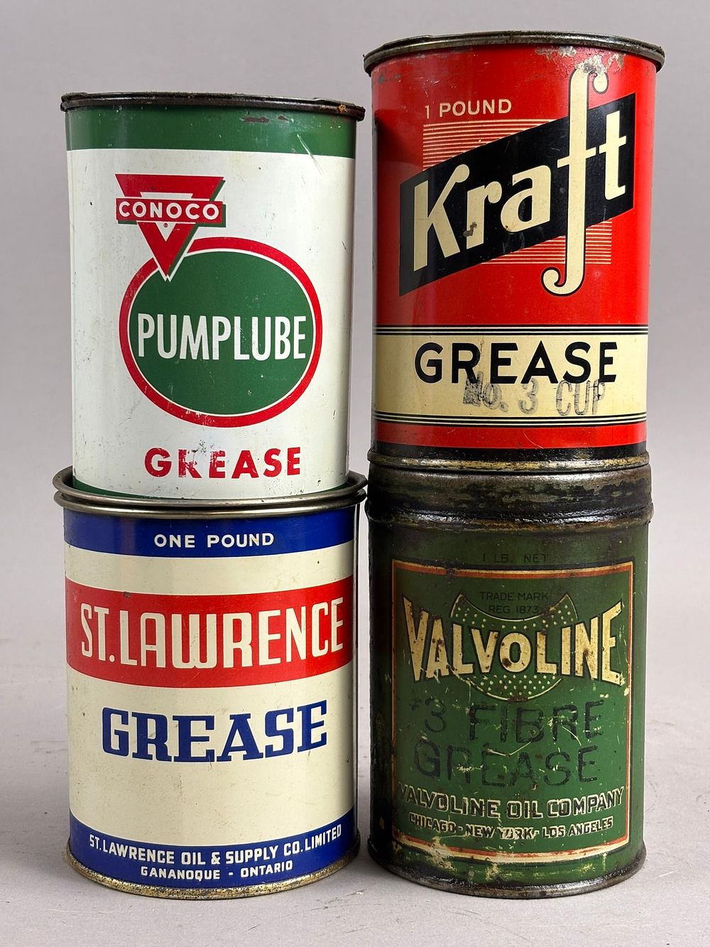 Lot 109B: Lot 4 Valvoline Kraft Conoco Lawrence 1LB Metal Grease Cans