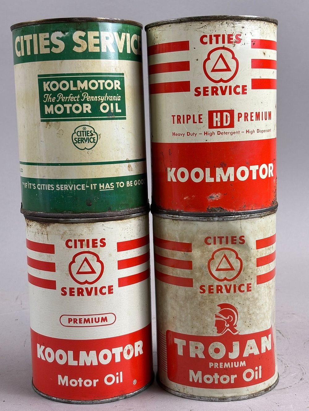 Lot 111B: Cities Service Lot 4 Metal Quart Motor Oil Cans Trojan & More