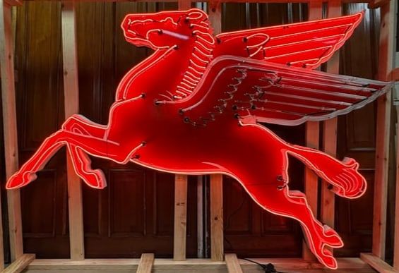 Lot 251B: Original 1955 Mobil Pegasus Cookie Cutter Neon Advertising Porcelain Sign