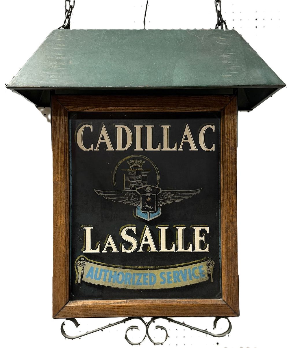 Lot 251C: Rare Cadillac LaSalle Authorized Service Double Sided Tin Sign w/ Lighted Hood