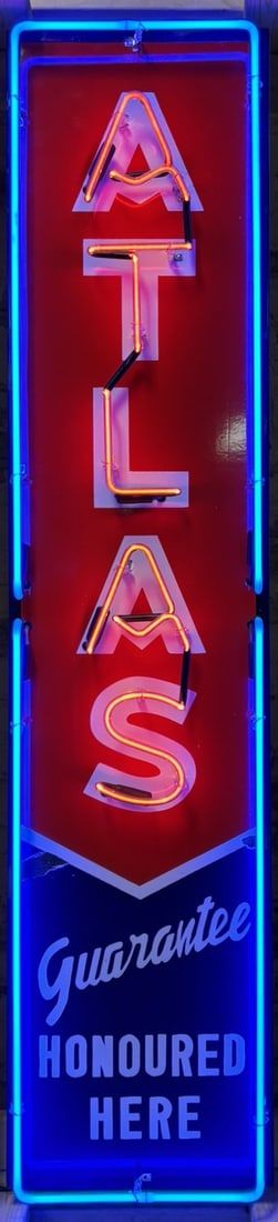 Lot 295B: Atlas Guarantee Honoured Here SSP Porcelain Advertising Neon Sign