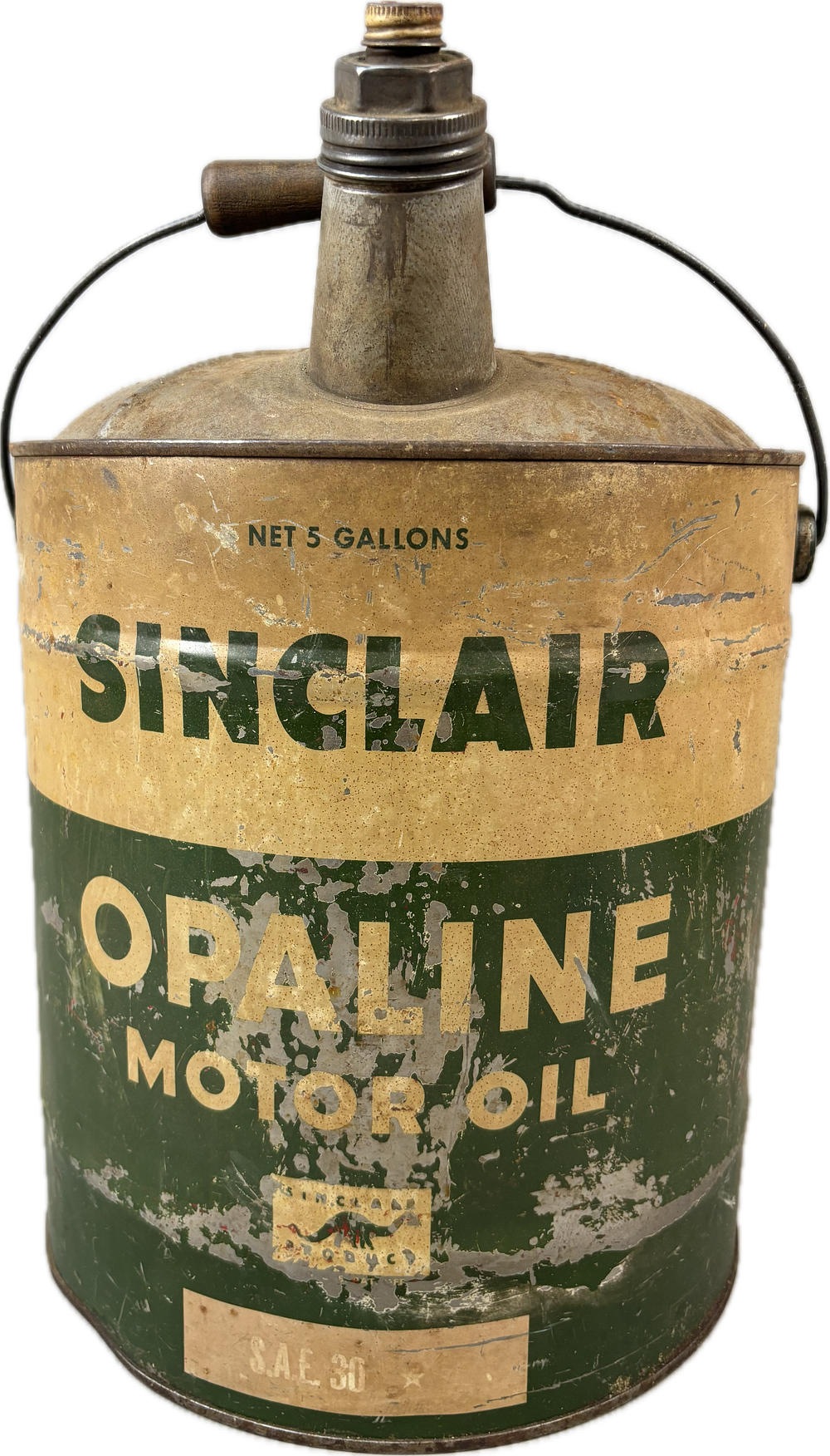 Lot 157: Sinclair Opaline Motor Oil Long Neck 5 Gallon 1930s Can