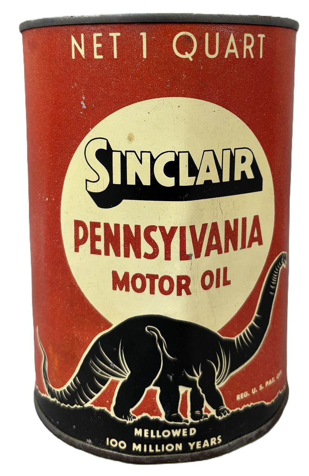 Lot 161: Sinclair Pennsylvania Motor Oil Red Quart Mellowed 100 Million Years Quart Can