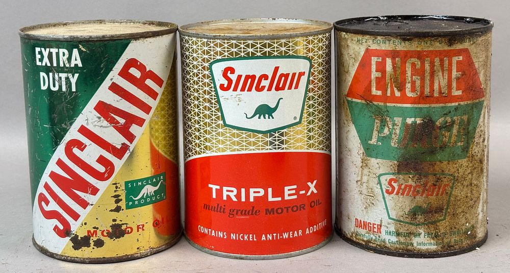 Lot 169: Lot 3 Sinclair Triple-X Extra Duty & Engine Purge Motor Oil Quart Cans