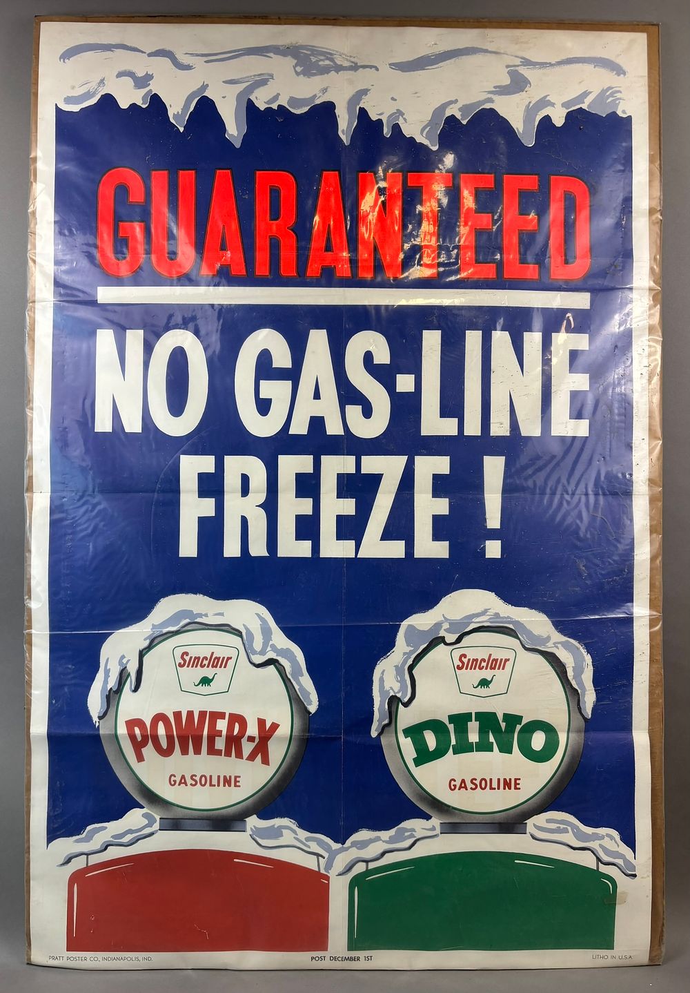 Lot 185: No Gas-Line Freeze Guaranteed Power-X & Dino Advertising Poster Sign