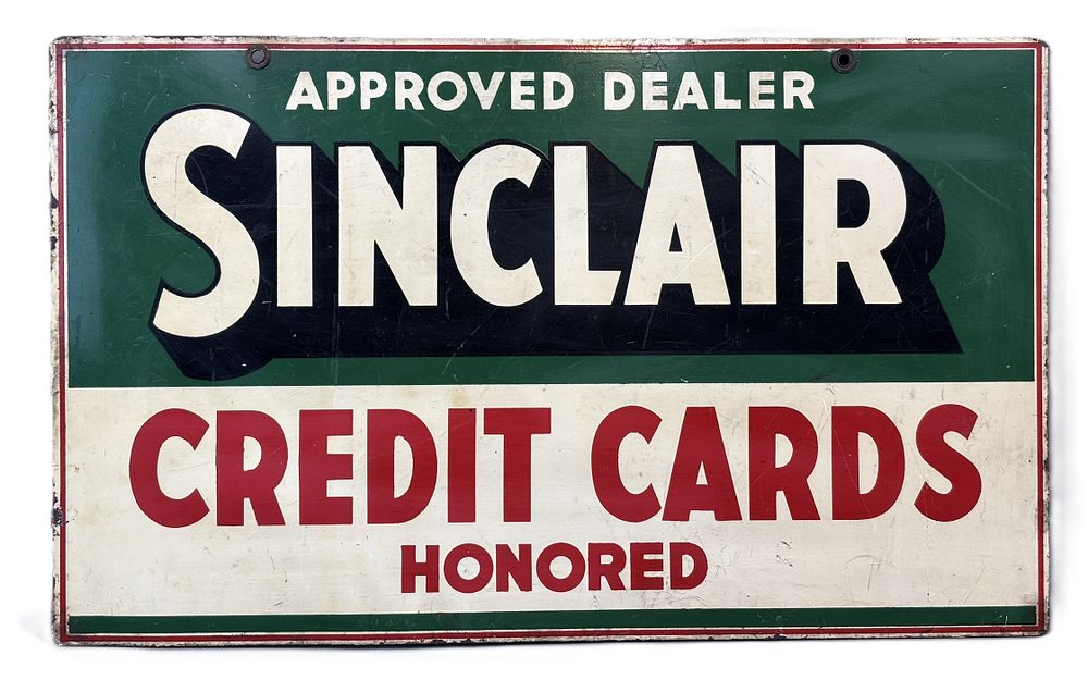 Lot 194: Sinclair Credit Cards Honored Approved Dealer Double Sided Painted Metal Sign