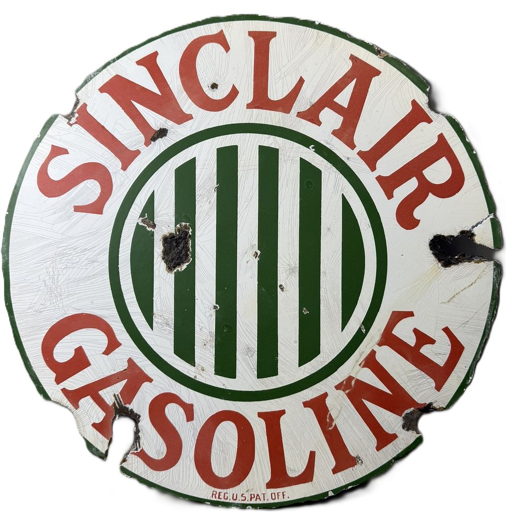 Lot 197: Sinclair Gasoline 24" DSP Porcelain Curbside Advertising Sign w/ Jail Bars