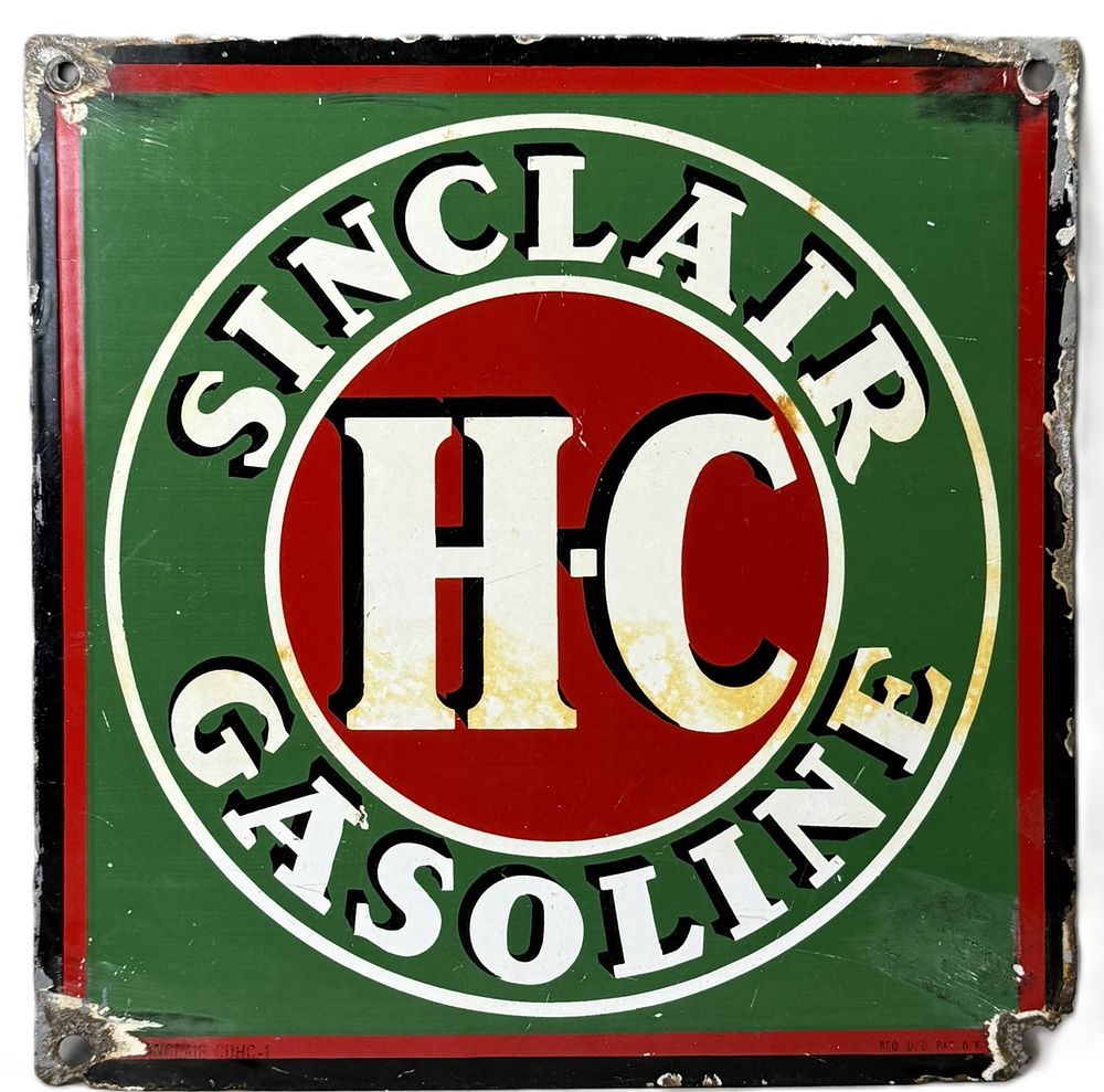 Lot 218: Sinclair H-C Gasoline SSP Porcelain Pump Plate Advertising Sign - RARE