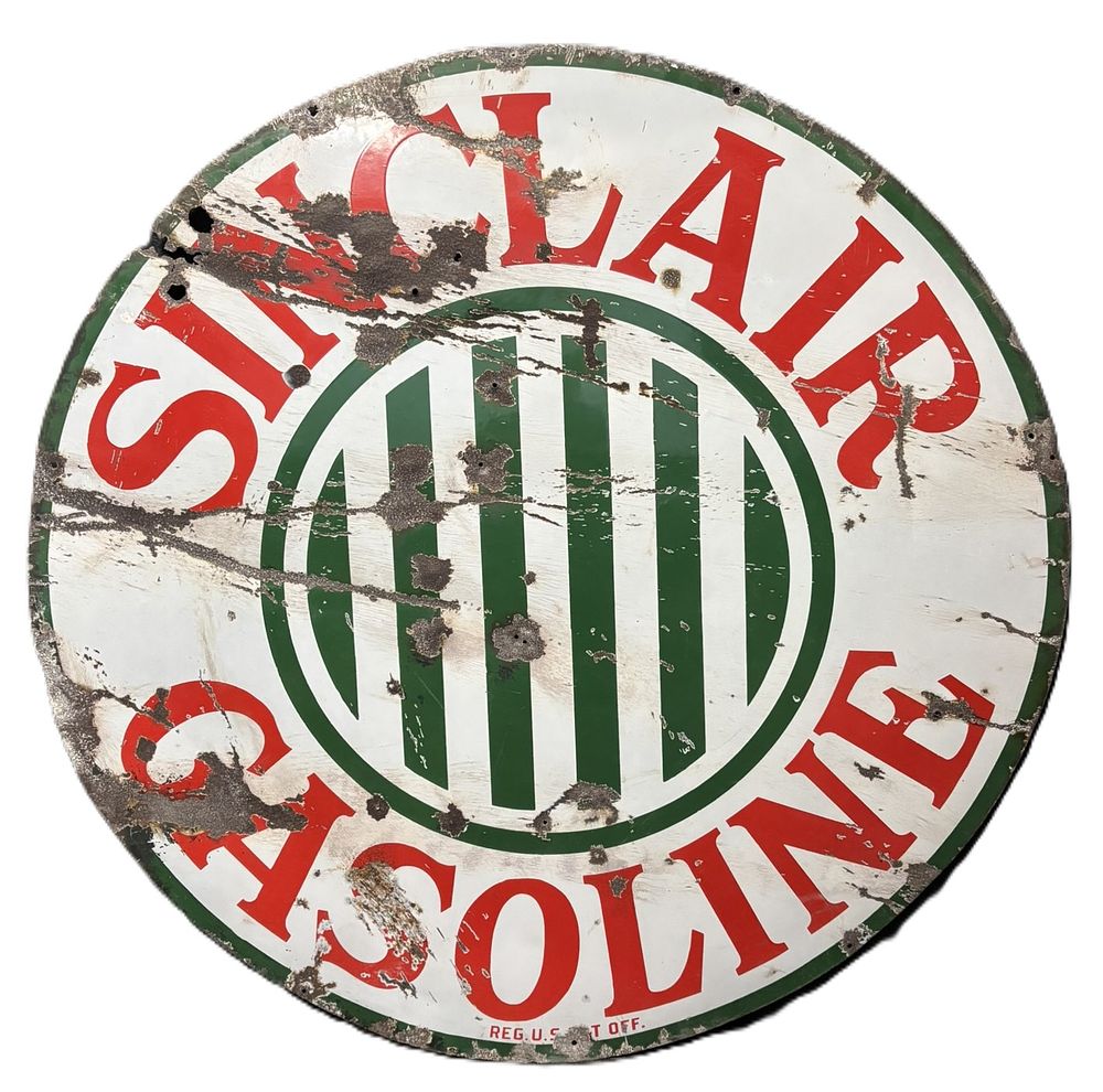 Lot 239: Sinclair Gasoline 4' 1920s SSP Porcelain Sign w/ Jail Bars