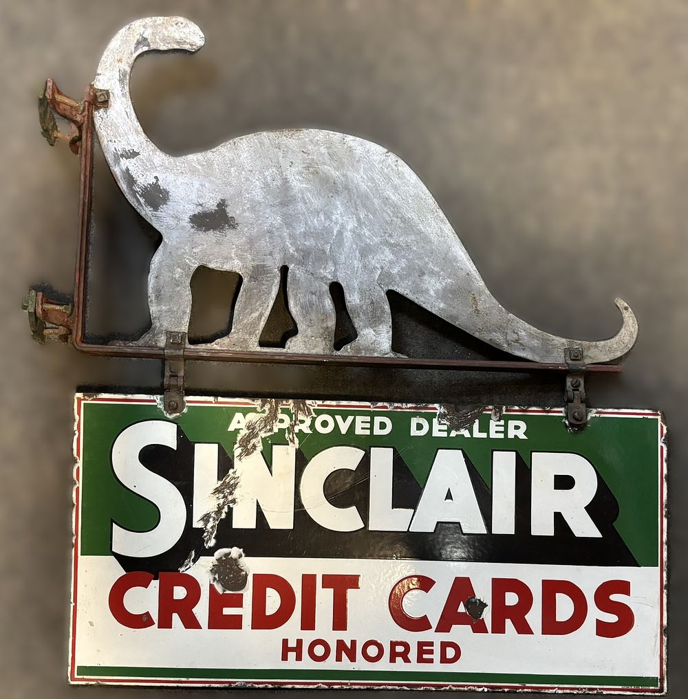 Lot 241: Sinclair Credit Cards Honored Sign w/ Diecut Dino & Bracket