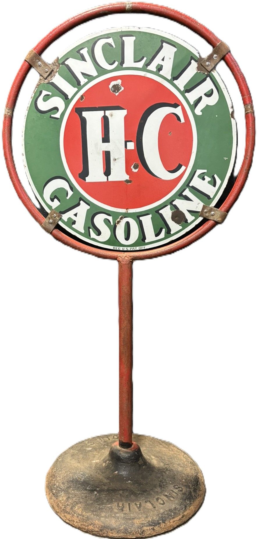 Lot 241A: Sinclair H-C Gasoline Porcelain Lollipop Sign w/ Stamped Base
