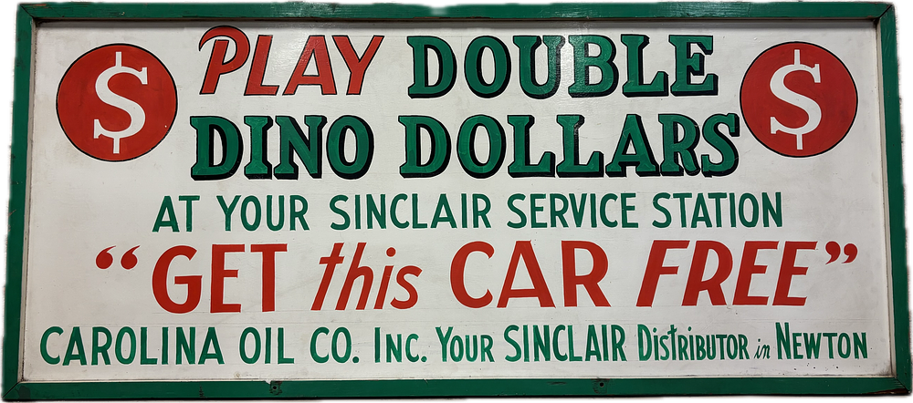 Lot 276: Play Double Dino Dollars Sinclair Service Station Hand Painted Wooden Sign