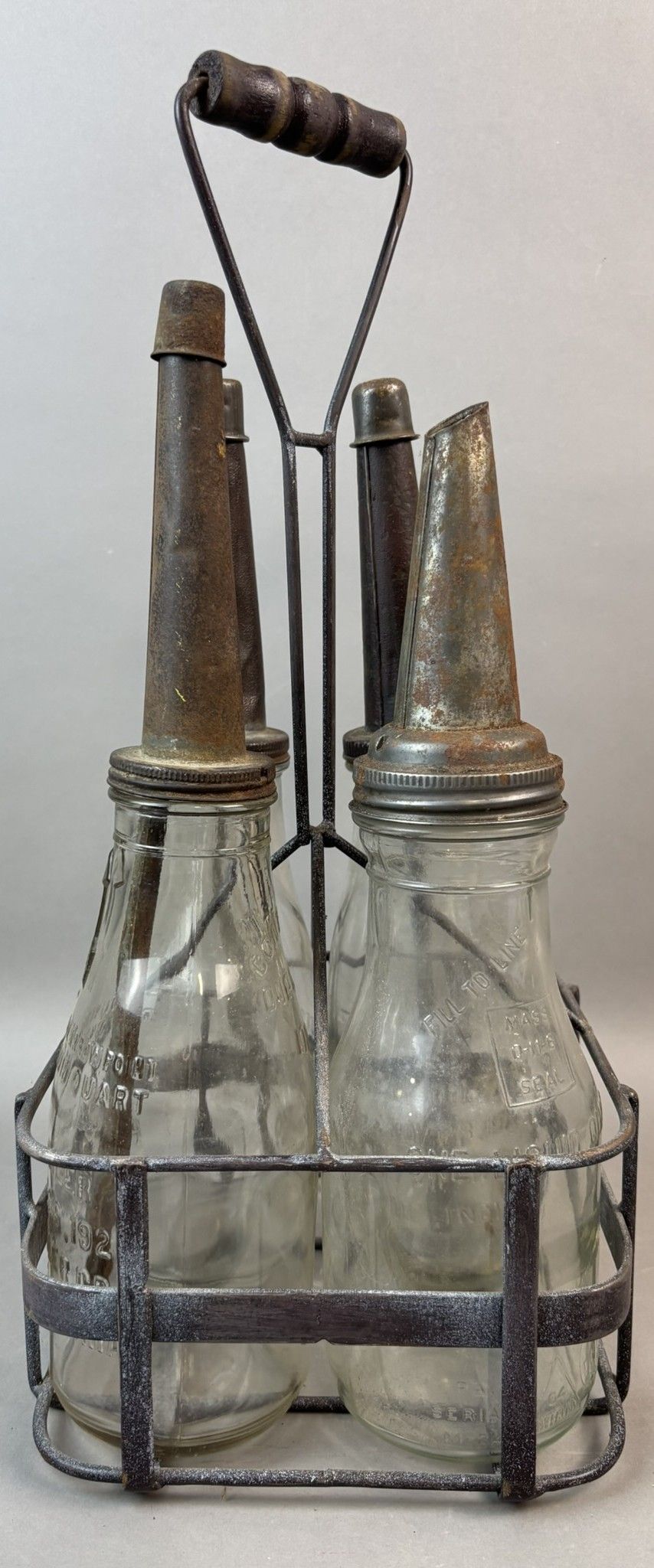 Lot 297: Lot 4 Glass Quart Bottle Dated 1922 w/ Oil Rack