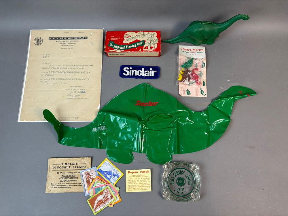 Lot 298n: Lot 17 Original Dino Sinclair Gas Station Items Ashtray Patch Stamps & More