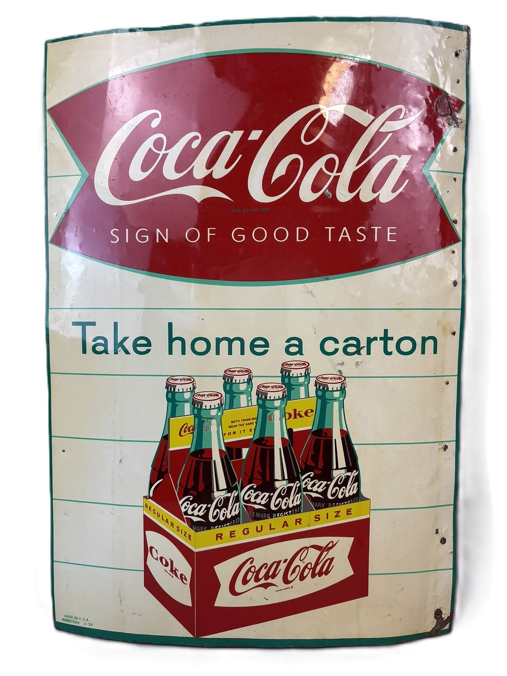 Lot 312: Coca Cola Fishtail Take Home A Carton SST Tin Sign Dated 1959
