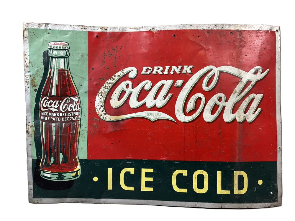Lot 317: Drink Coca Cola Ice Cold SST Tin Metal 1923 Christmas Bottle Sign