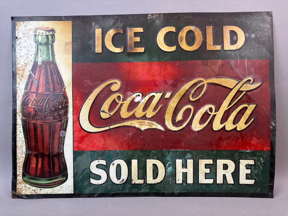 Lot 322: Ice Cold Coca Cola Sold Here SST Tin Embossed Nov 1916 Bottle Sign