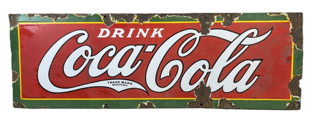 Lot 324: Drink Coca SSP Porcelain 30"x10" 1923 Dated Soda Sign