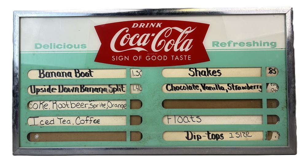 Lot 328: Drink Coca Cola Fishtail Glass & Metal Menuboard Ice Cream Pricer Sign