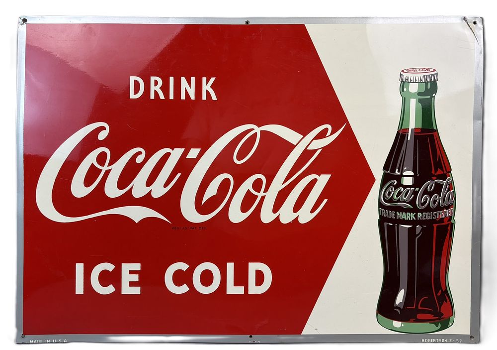 Lot 334: Drink Coca Cola Ice Cold 1952 SST Tin Metal Soda Sign