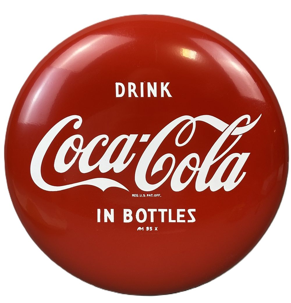Lot 337: Drink Coca Cola In Bottles 12" NOS Metal Button Sign w/ Paper