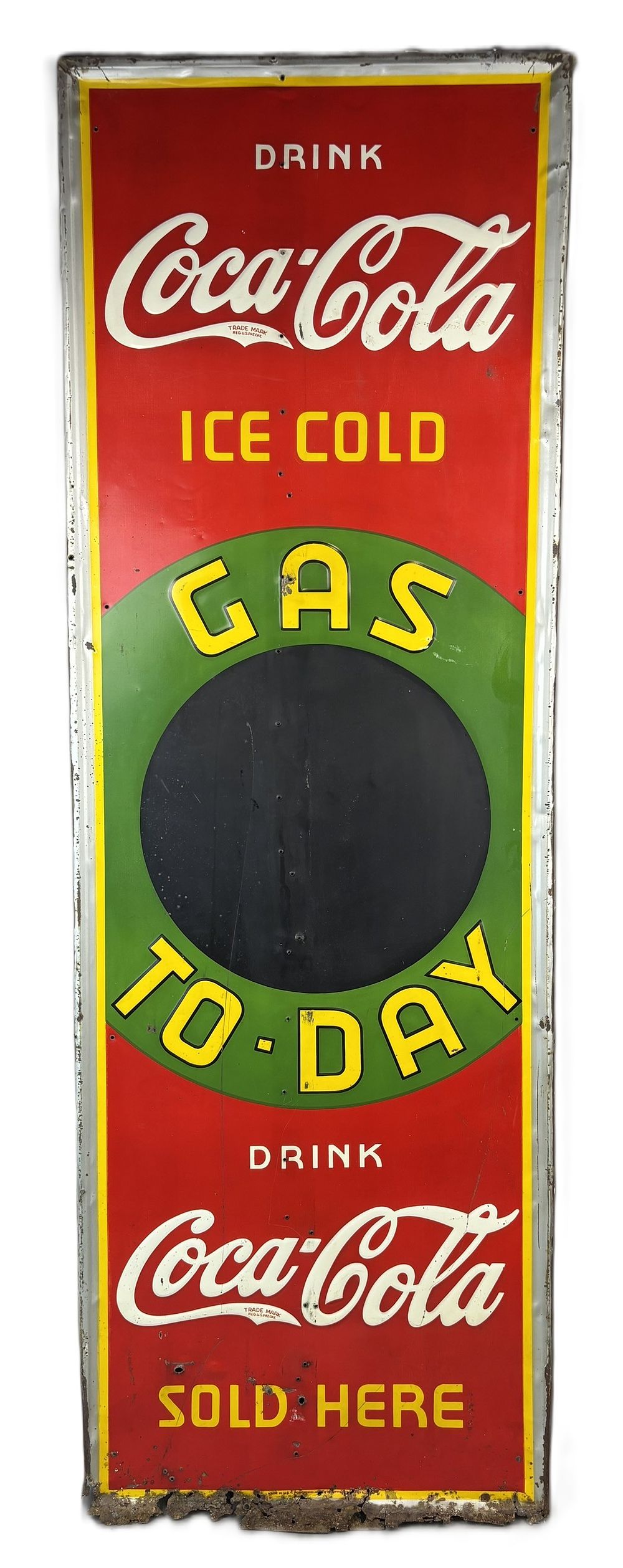 Lot 341: Coca Cola Ice Cold Gas Today Sold Here Self Framed Embossed Tin Sign