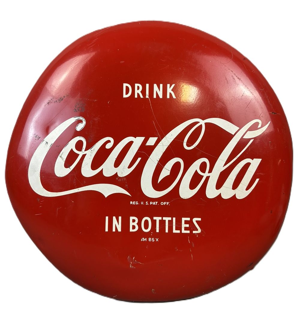 Lot 346: Drink Coca Cola In Botles 16" Painted Metal Button Sign