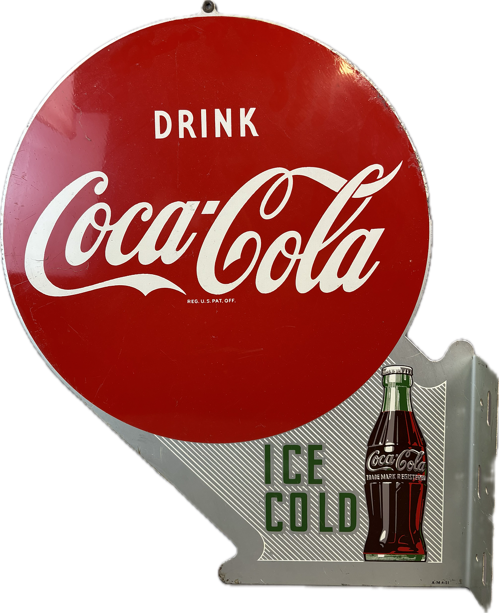 Lot 357: Drink Coca Cola Ice Cold DST Tin Metal Flange Sign Dated 1951