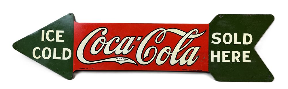 Lot 358: Ice Cold Coca Cola Sold Here DST Tin Metal Advertising Arrow Sign Dated 1927