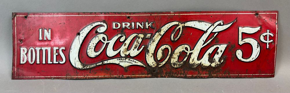Lot 360: Drink Coca Cola In Bottles 5 Cents SST Tin Embossed Sign