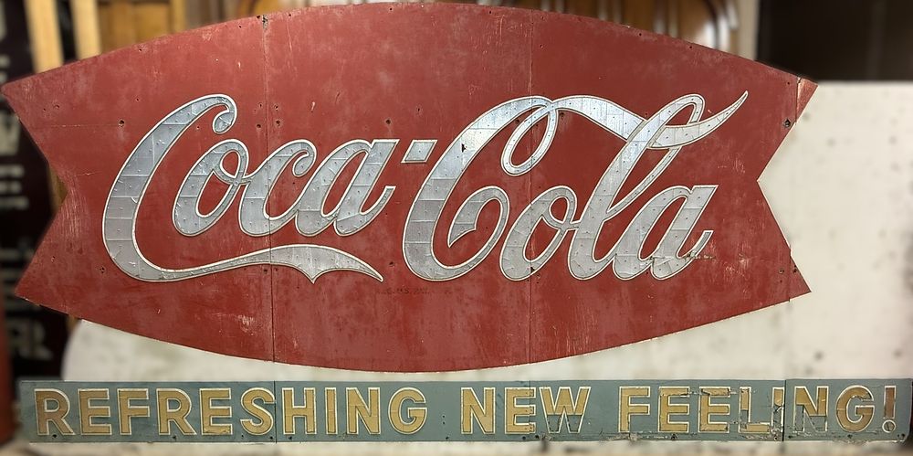 Lot 369: 14' Coca Cola Refreshing New Feeling Fishtail 1960s Billboard Reflective Sign