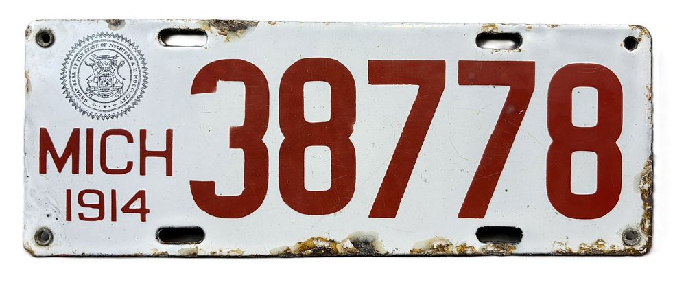 Lot 154: 1914 Michigan 38779 Original Porcelain License Plate