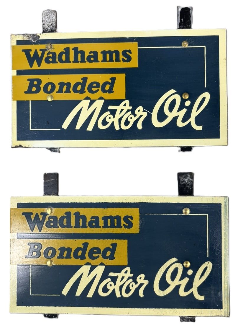 Lot 155: Wadhams Bonded  Motor Oil Pair Oil Rack Signs Blue Yellow