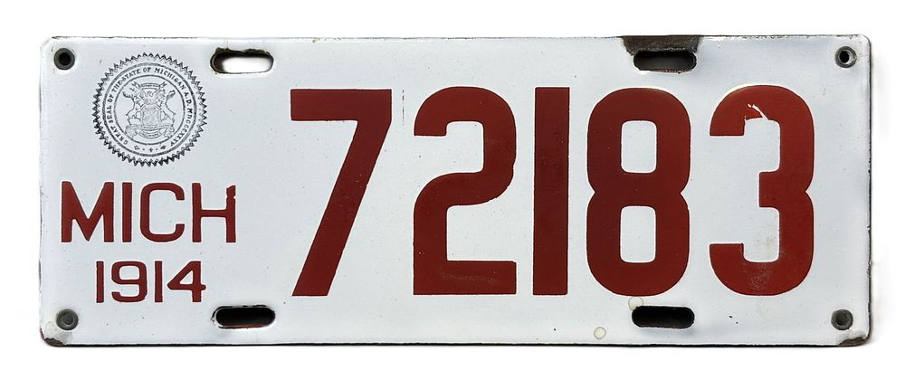 Lot 162: 1914 Michigan 72183 Original Porcelain License Plate