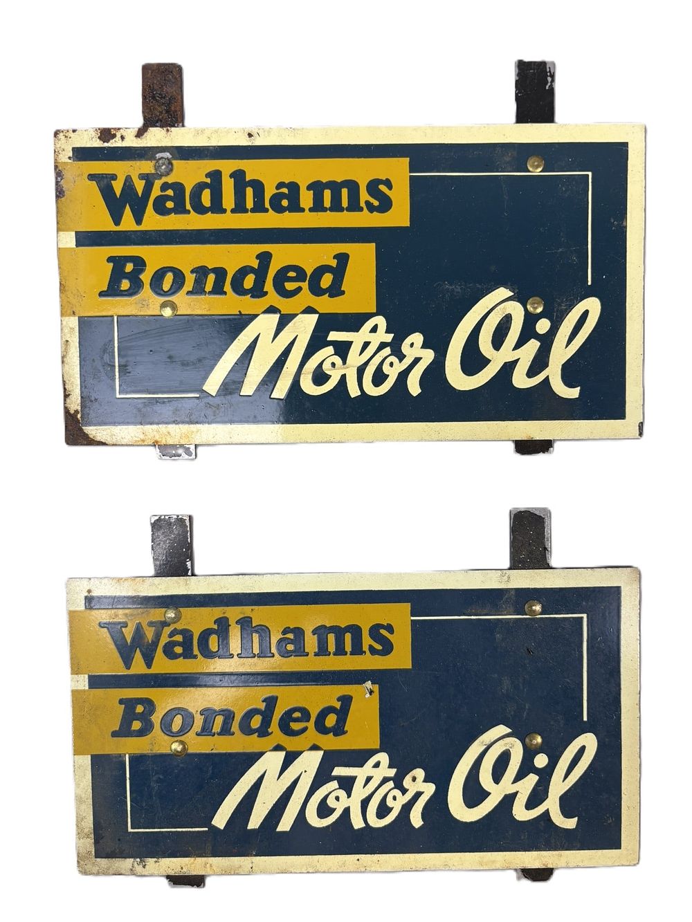 Lot 169: Wadhams Bonded  Motor Oil Pair Oil Rack Signs Blue Yellow