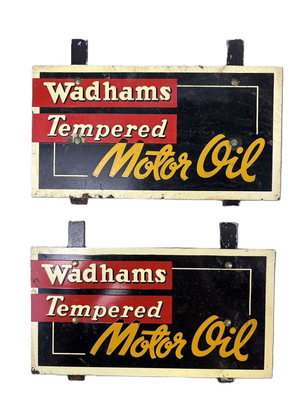Lot 174: Wadhams Tempered Motor Oil Pair Oil Rack Signs Red Black