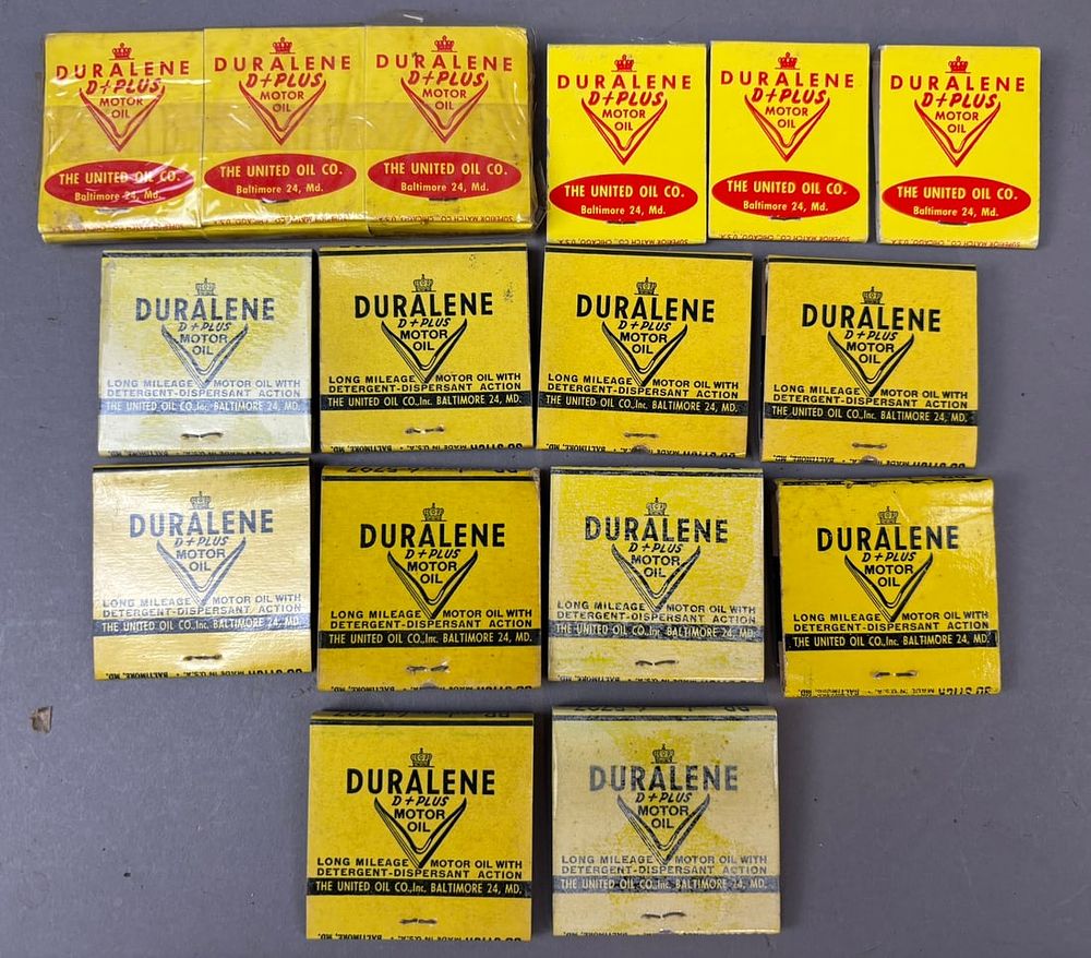 Lot 187: NOS Lot 16 Duralene D+ Plus Motor Oil 1950s Matchbooks