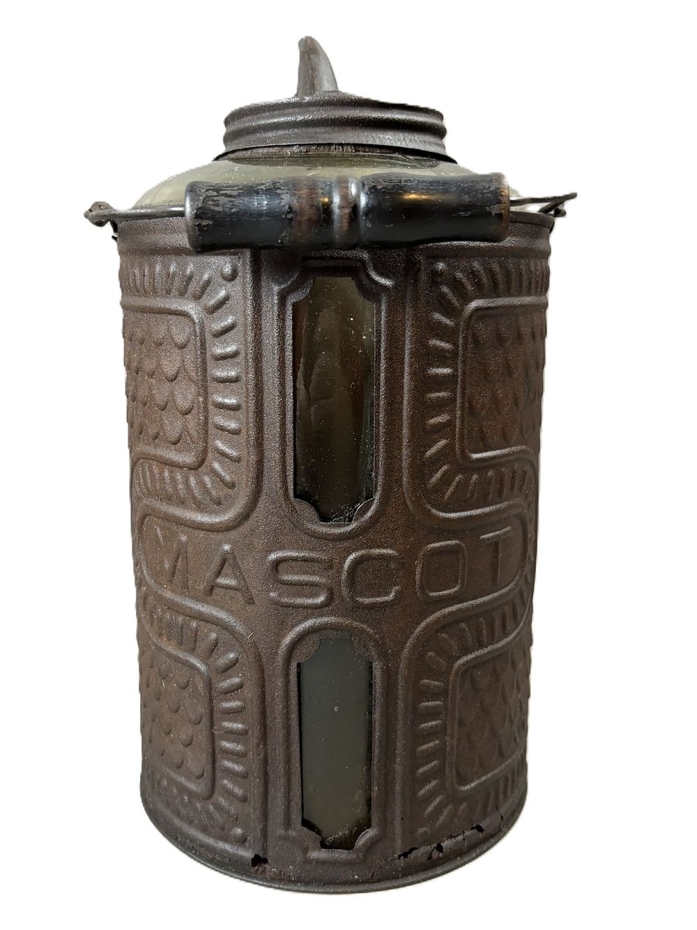 Lot 210: Antique 1920s Original Mascot Embossed Metal & Glass Gallon Bottle